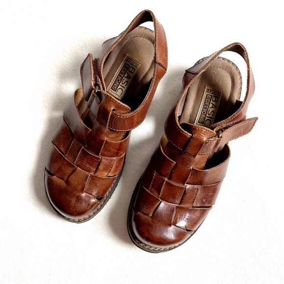 Vintage Shoes - Vintage Cognac Leather Wood Heel Fisherman Sandal Clogs Size 7